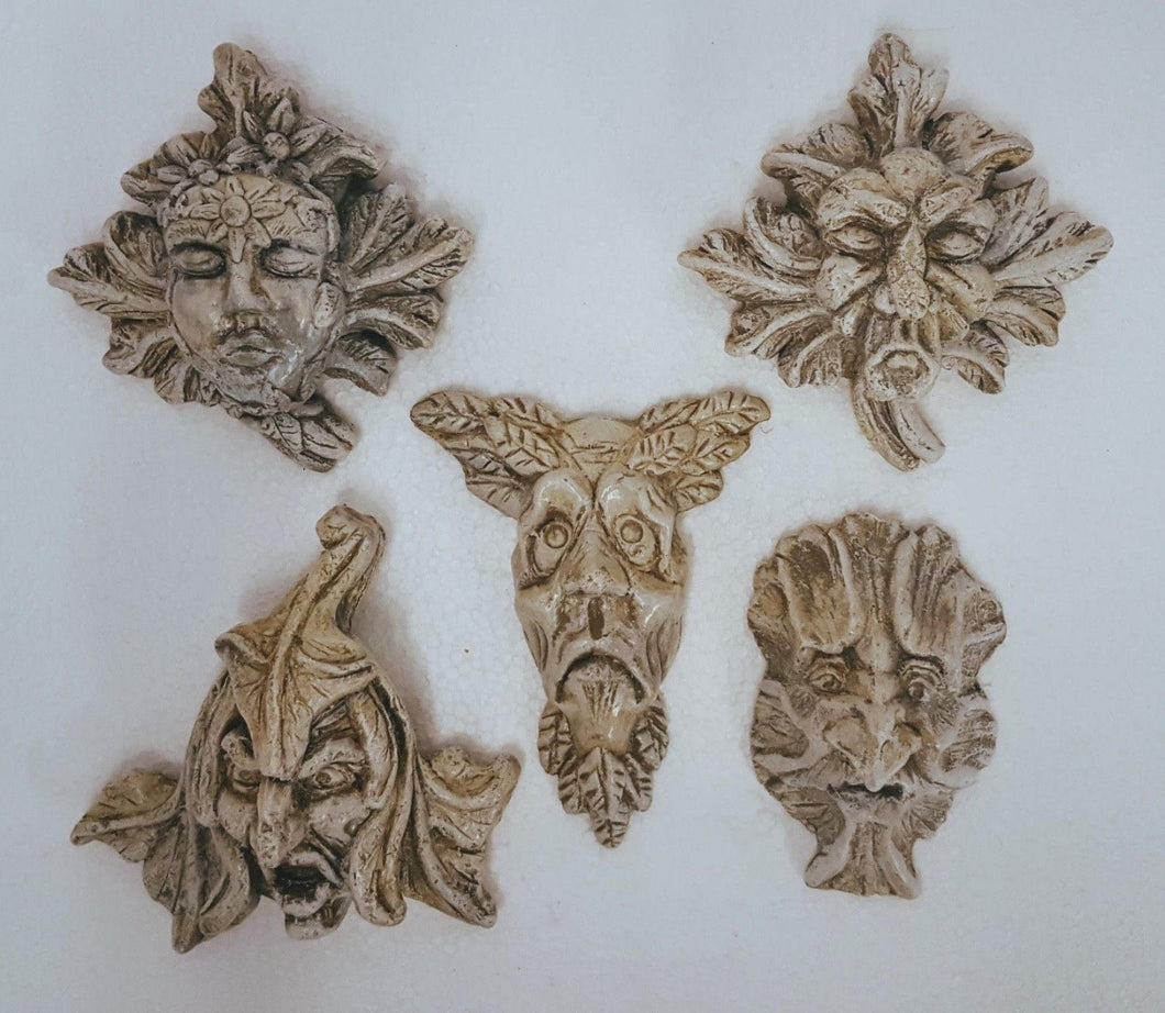 Vintage Set of 5 Gothic Medieval Green man Gargoyle Mythical Wall Plaque