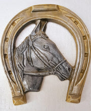 Load image into Gallery viewer, Pair of vintage horses in horse shoe wall plaque
