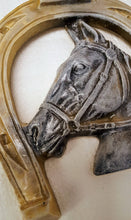 Load image into Gallery viewer, Pair of vintage horses in horse shoe wall plaque
