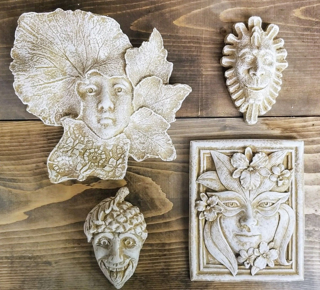 Set of 4 Green Man Leaf Face Forest Goddess Wall Plaques