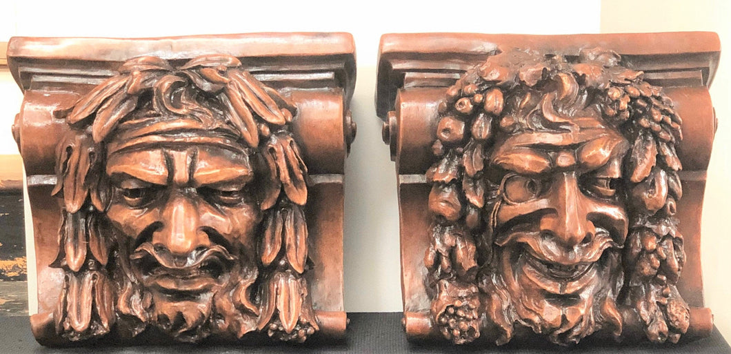 Medieval Bacchus Comedy And Tragedy Corbels Antique Reproduction Pair - Plaster