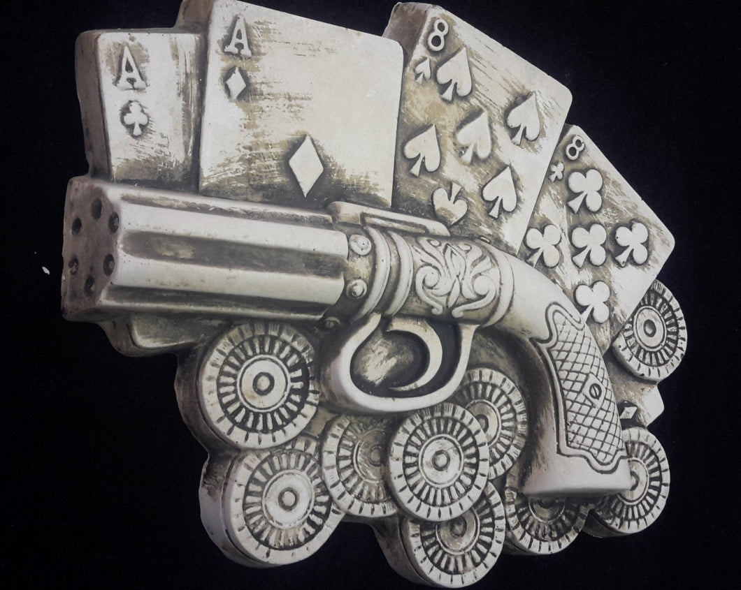 Vintage Rare Plaster Wall Plaque Sign of Gun, Playing Card and poker chips