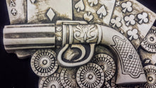 Load image into Gallery viewer, Vintage Rare Plaster Wall Plaque Sign of Gun, Playing Card and poker chips
