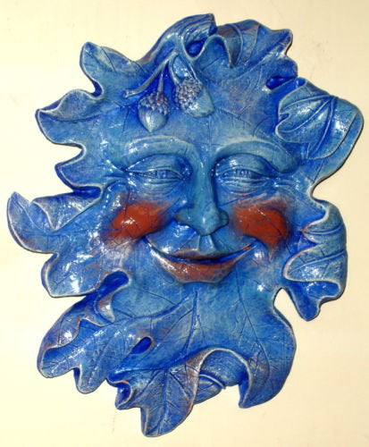 Acorn Leafman Face Mythical Wall Decor Greenman Sculpture Blue Color NEW